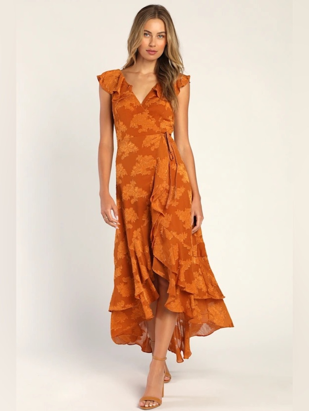 Lulus Adorable Aura Burnt Orange Floral Burnout High Low Wrap Dress Like New